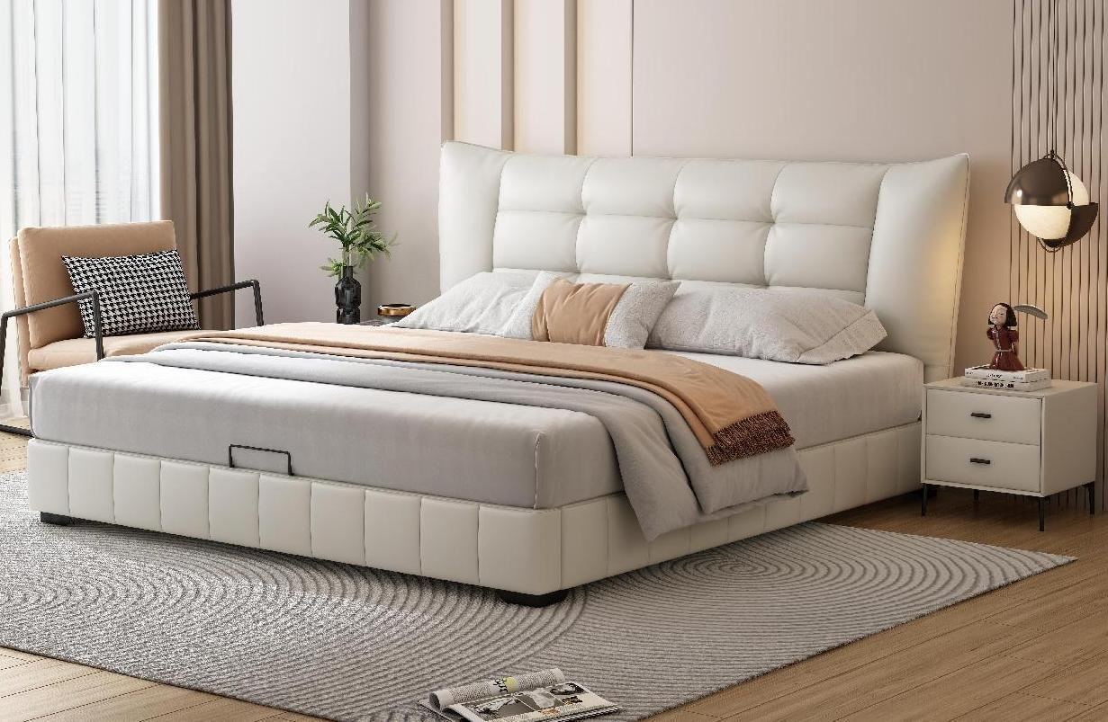 Modern master bedroom double luxurious soft-sleeved bed with leather headboard and leather surface.