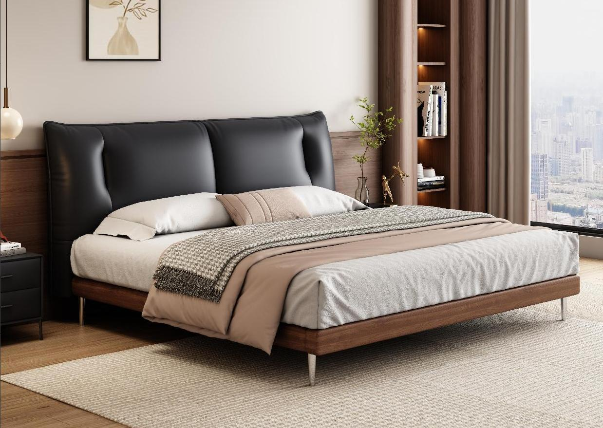 Minimalist black leather bed - Master bedroom, high-end and elegant double bed with luxurious soft padding, antique-style bed.