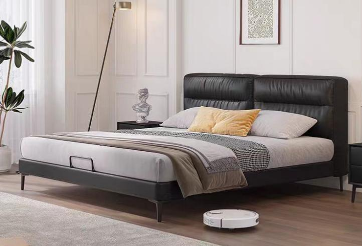 Minimalist tofu-shaped leather bed for master bedroom, double bed, modern minimalist style, high-end and elegant.