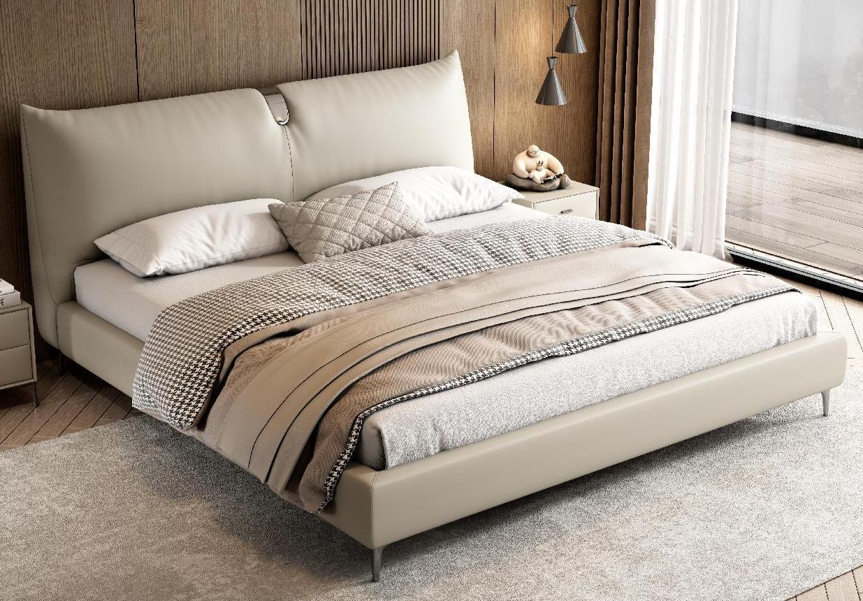Leather Bed Master Bedroom Designer Furniture Double Bed Headboard Layered Leather Soft Cover Bed