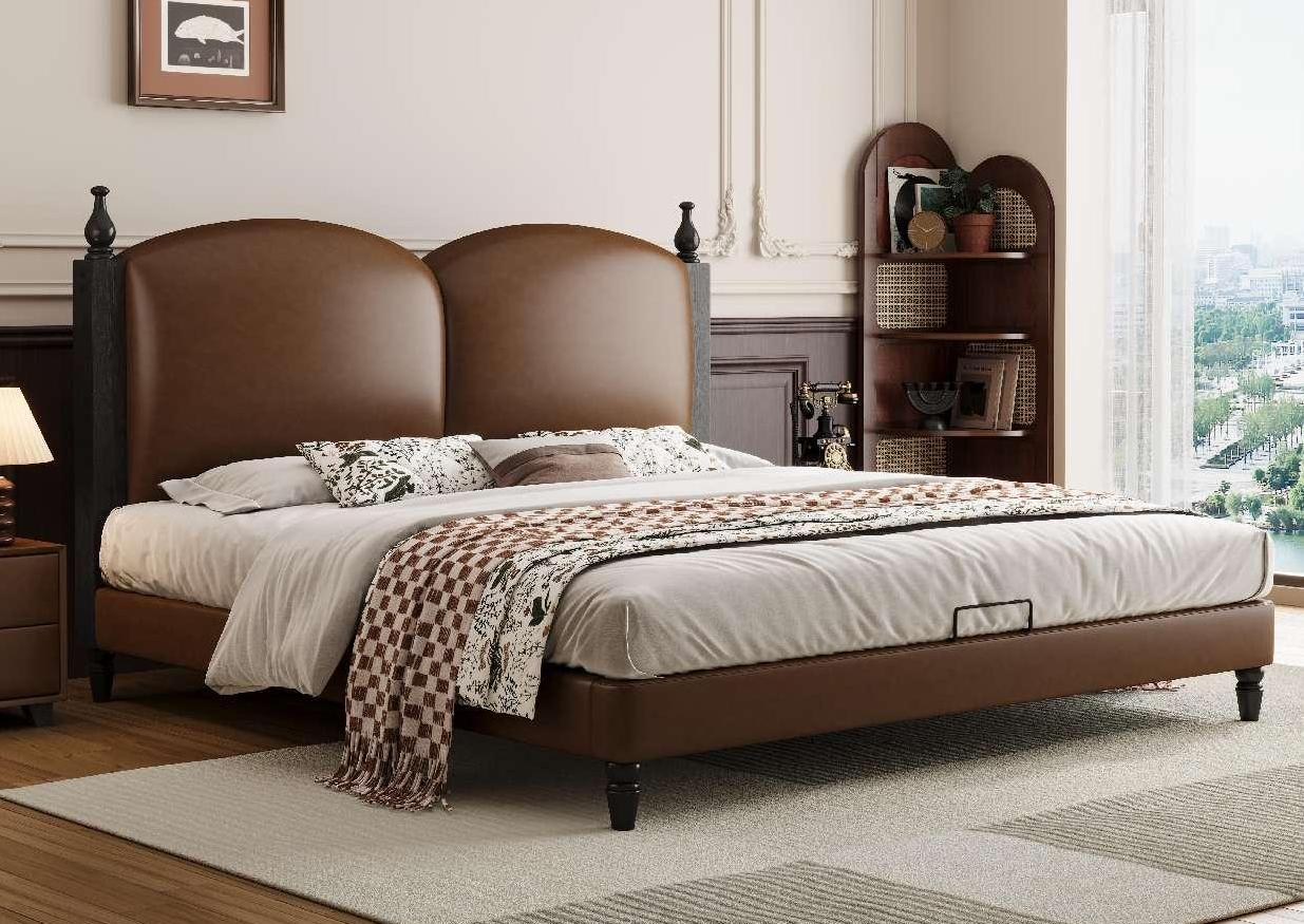Vintage solid wood bed, leather, antique style, simple design, large bedroom bed, soft cushioned bed, high box storage bed, double bed.