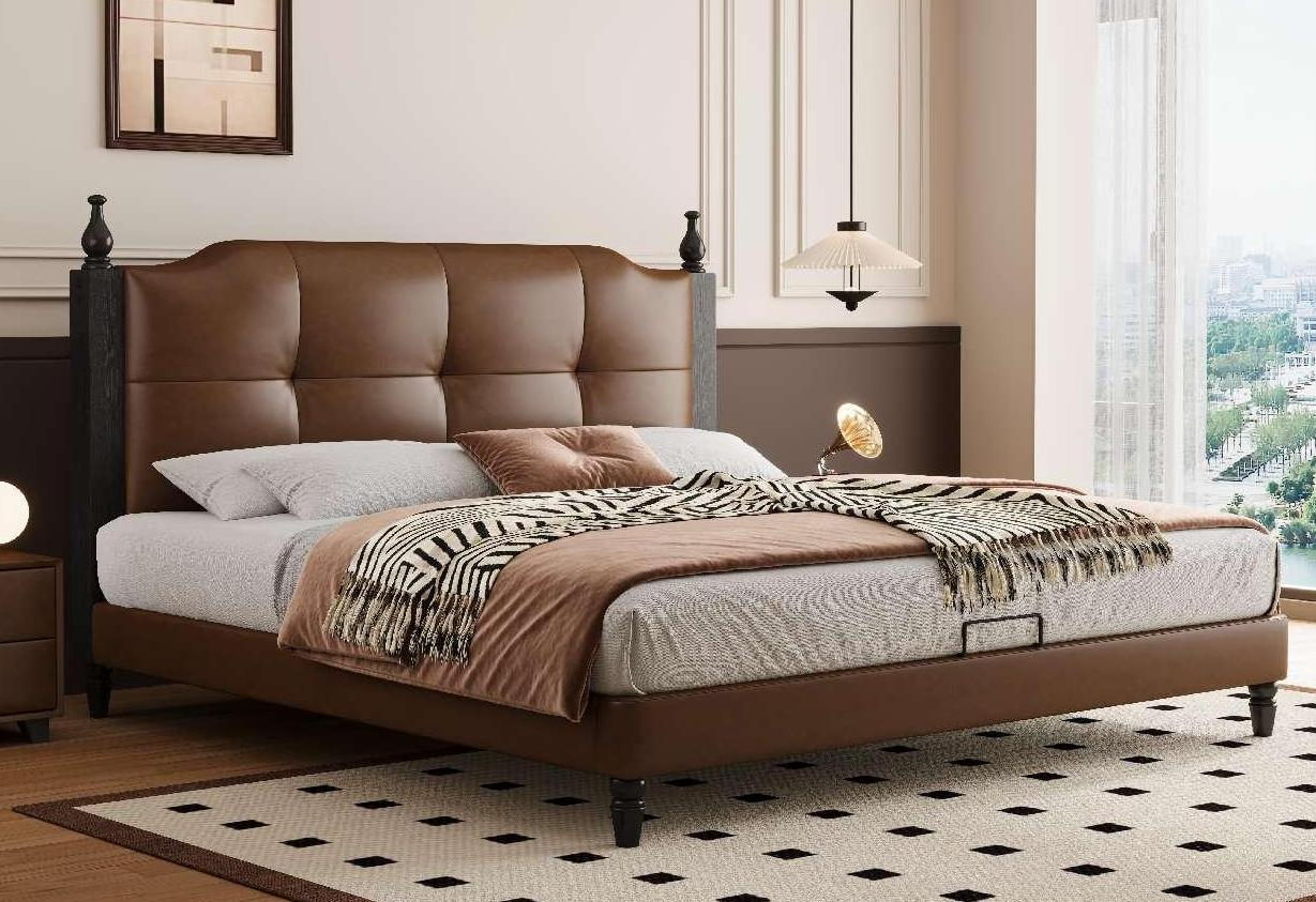 Vintage-style leather bed, antique-style master bedroom king-sized bed, minimalist double bed.