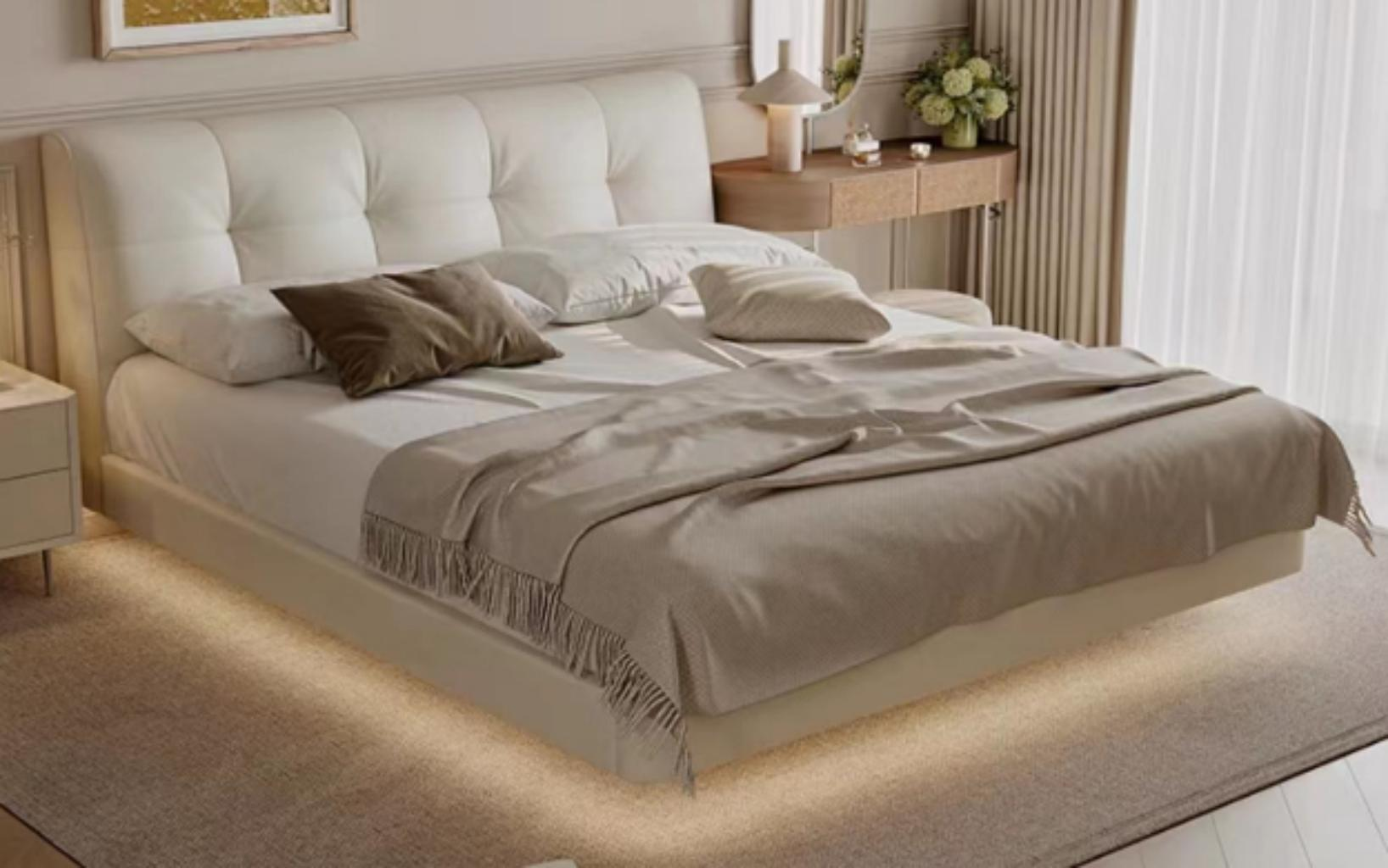 Reclaimed wood bed, modern minimalist, Nordic minimalist style, master bedroom, suspended, big bed made of beech wood