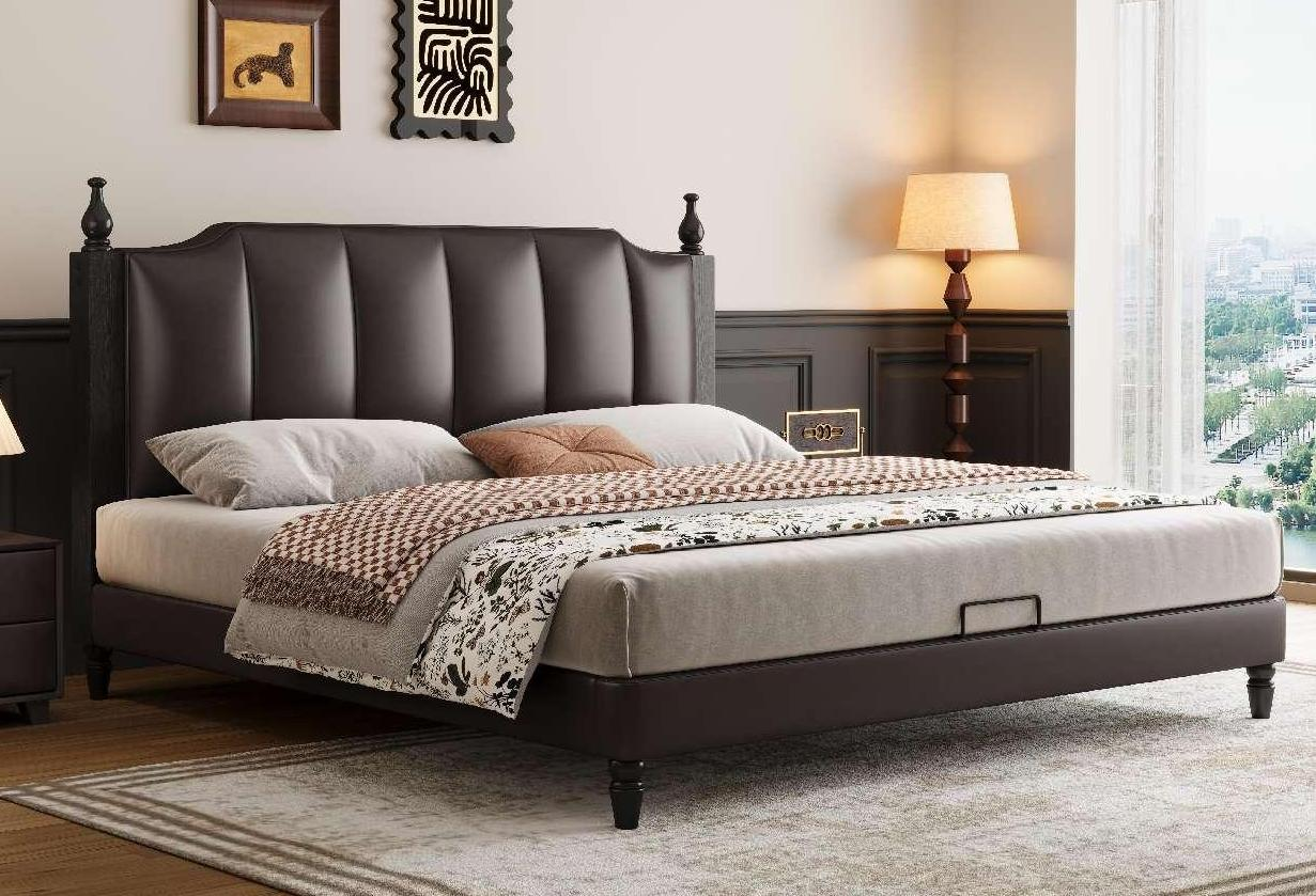 Leather bed, modern and minimalist design, main bedroom, high-end and elegant, with ancient style, double sofa with soft cushions and high storage box for storage.