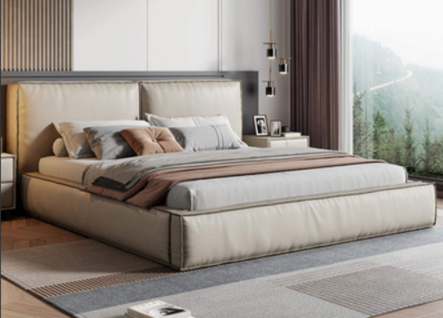 Tofu Block Leather Bed - Master Bedroom Soft Cover - Simple and Modern Light Luxury Italian Minimalist Headboard - Layered Leather from Cowhide
