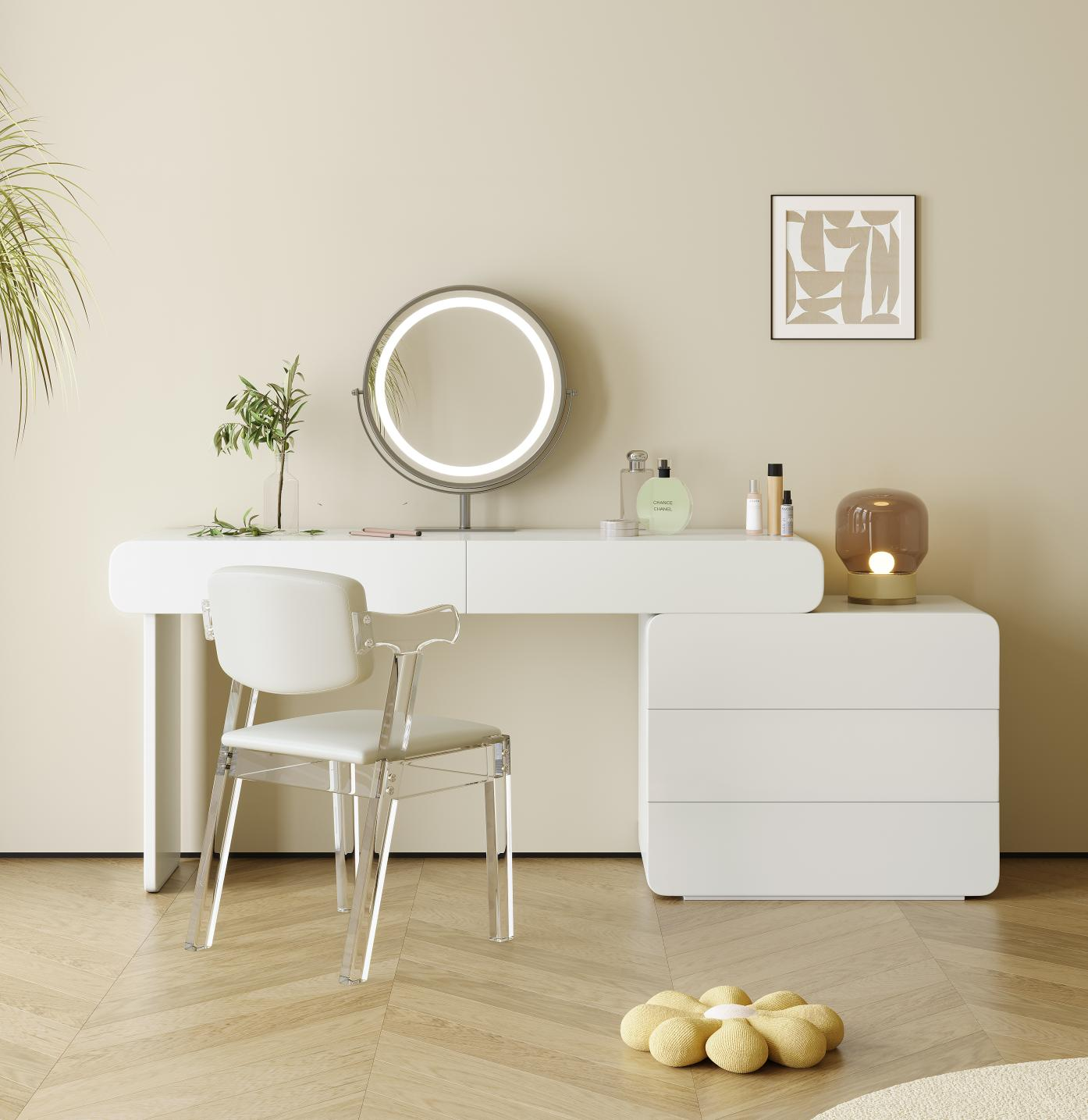 Creamy style integrated dressing table for bedroom, small-sized apartment storage cabinet, multi-functional luxury and trendy makeup table.