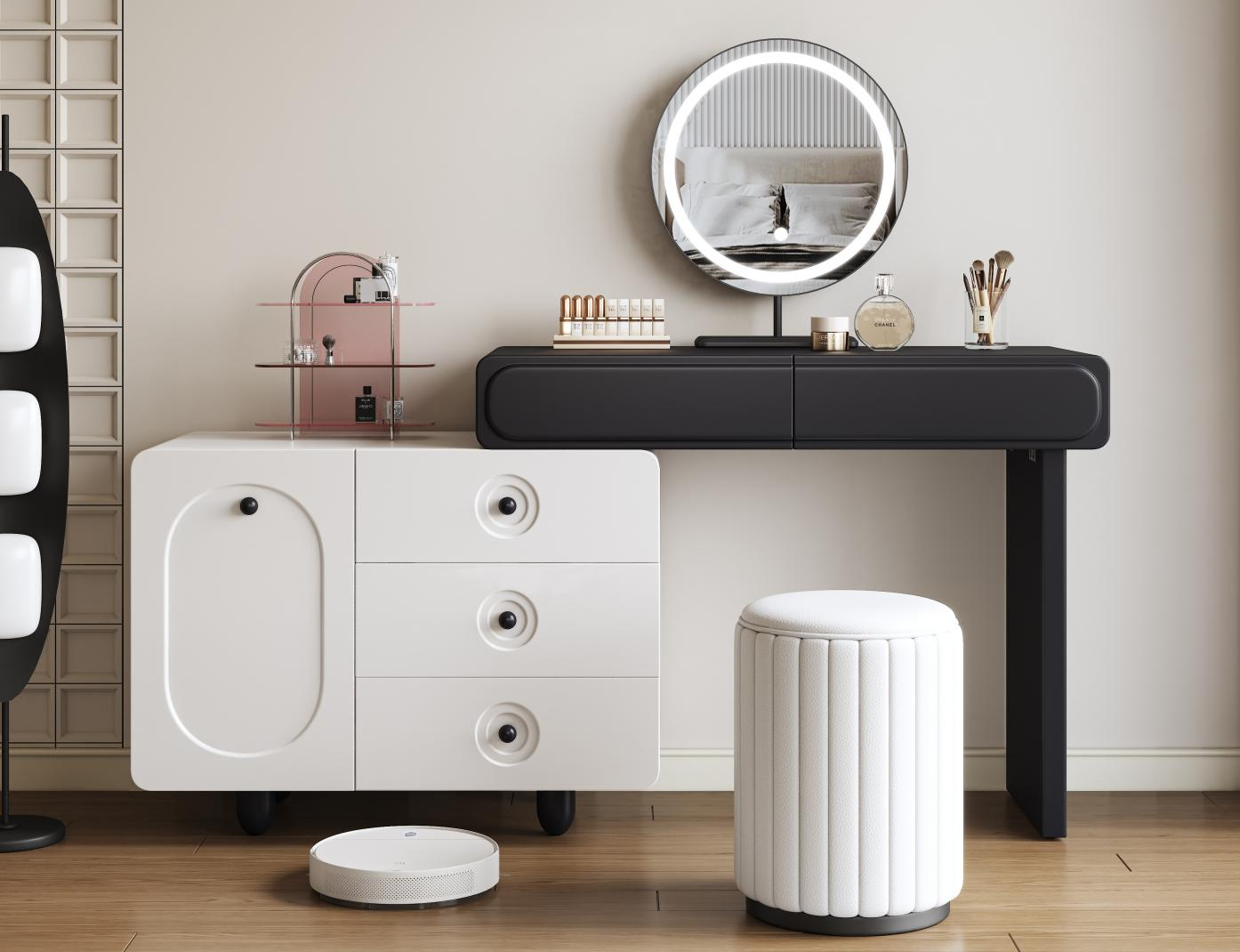 Creamy style dressing table and storage cabinet integrated into bedroom. Simple and modern makeup table with extendable function.