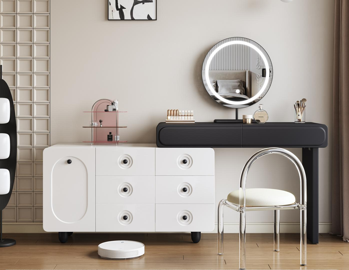 Creamy style dressing table and storage cabinet integrated into bedroom. Simple and modern makeup table with extendable function.
