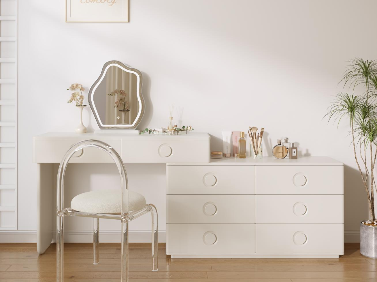 Creamy style dressing table and sideboard integrated into one - luxurious and modern minimalist bedroom dressing table with a swivel extension at the tail of the bed.