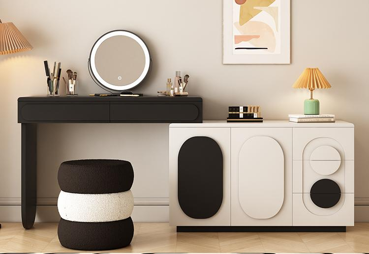 Solid wood dressing table and chest in one piece for bedroom, modern and minimalist style, corner makeup table with cream color, extendable makeup table.