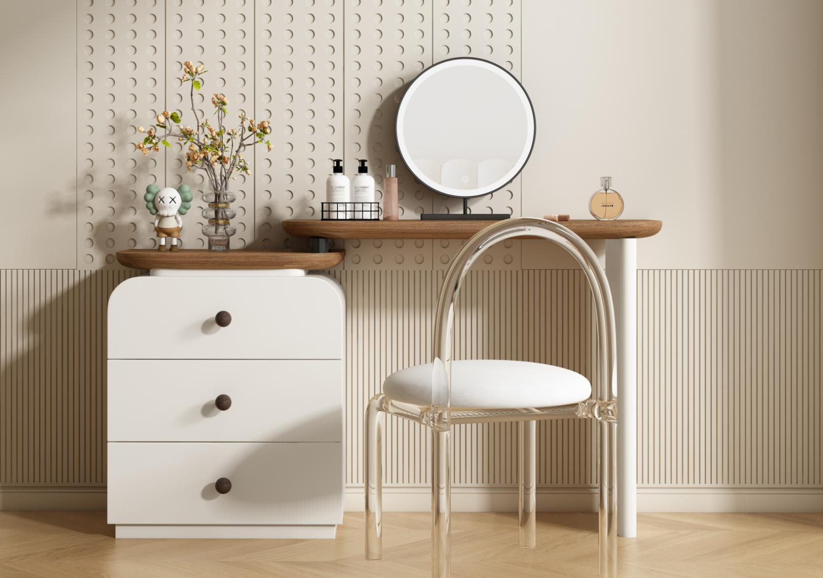 Mid-century solid wood dressing table and storage cabinet integrated cream-colored minimalist sideboard for bedroom, vintage makeup table with storage function.