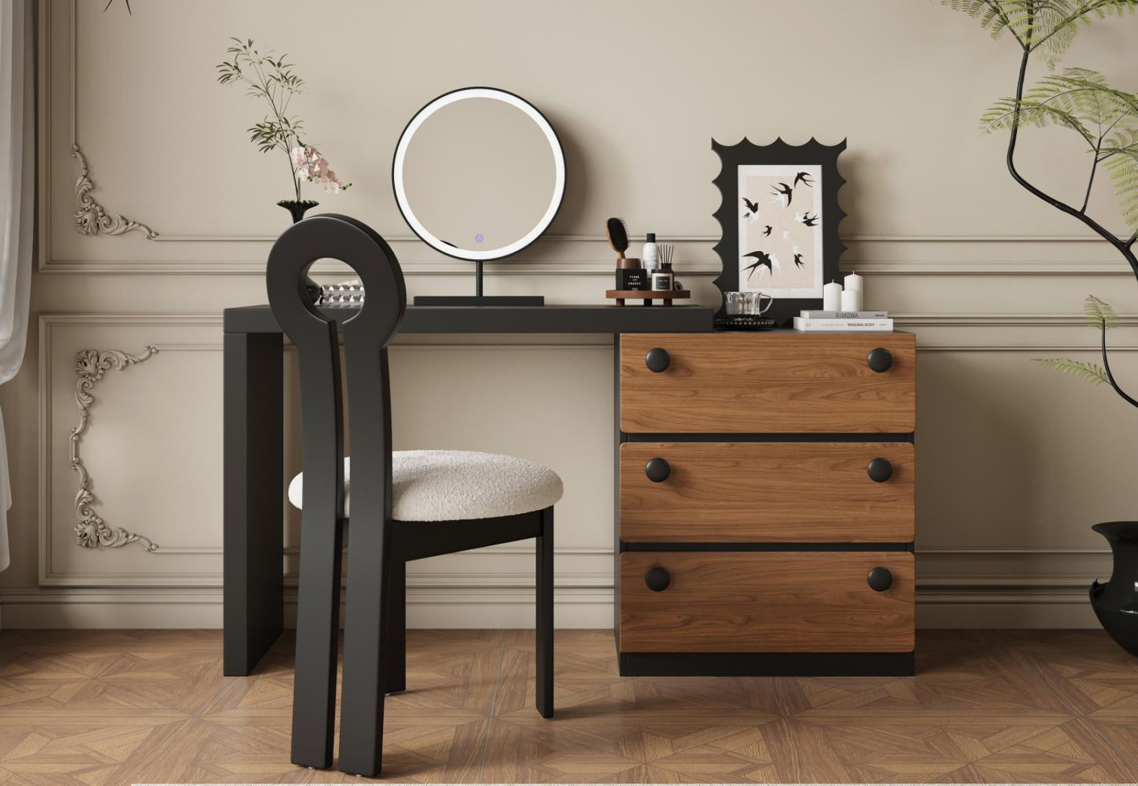 Mid-century style solid wood dressing table and chest in one piece, French vintage bedroom bedside makeup table and storage cabinet integrated combination