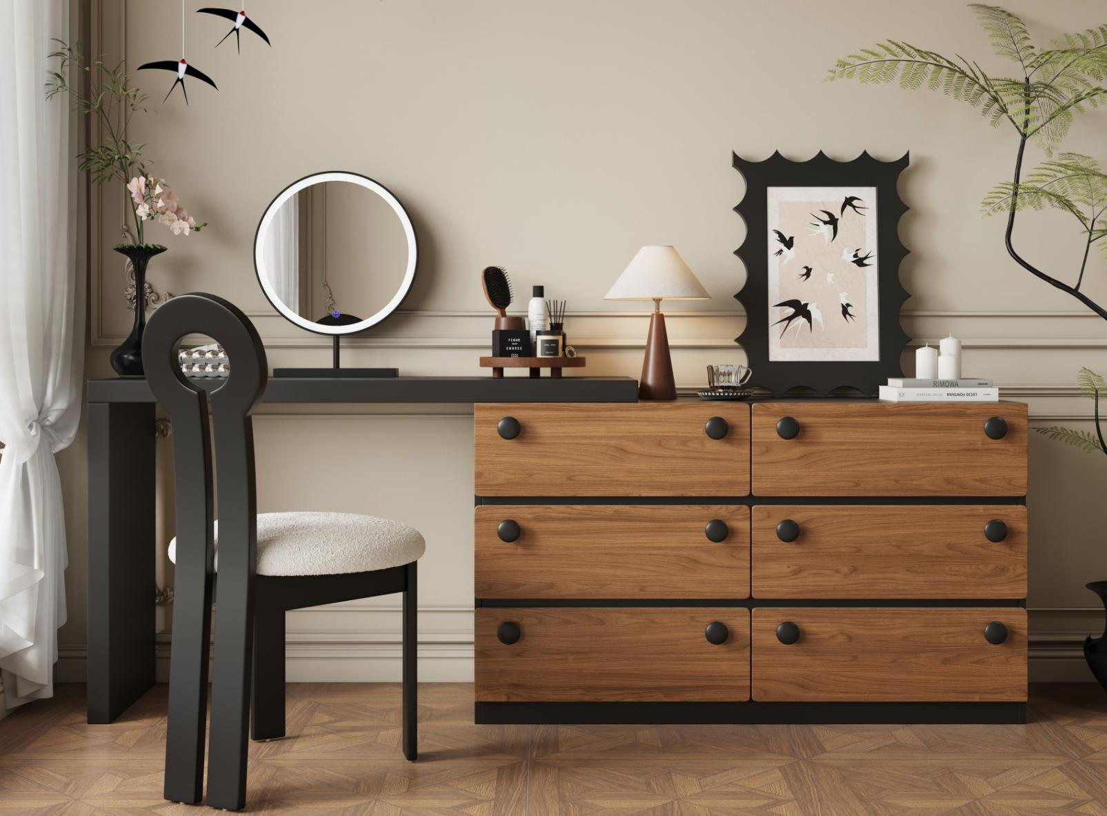 Mid-century style solid wood dressing table and chest in one piece, French vintage bedroom bedside makeup table and storage cabinet integrated combination