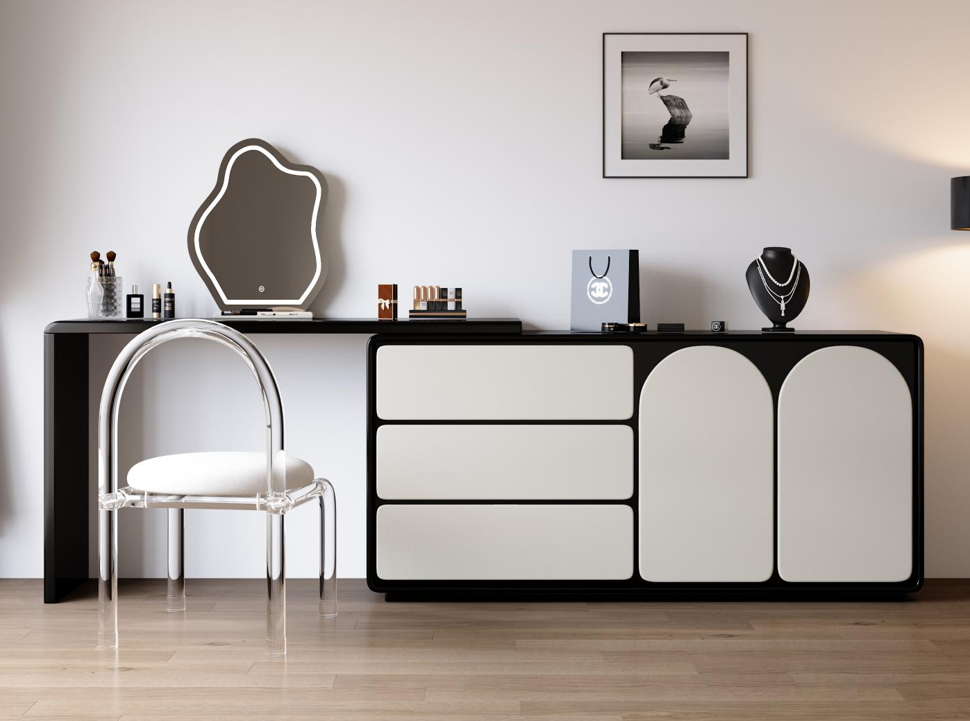 Vintage-style corner dressing table and chest in one piece for bedroom, black and white matching, simple and modern makeup table.