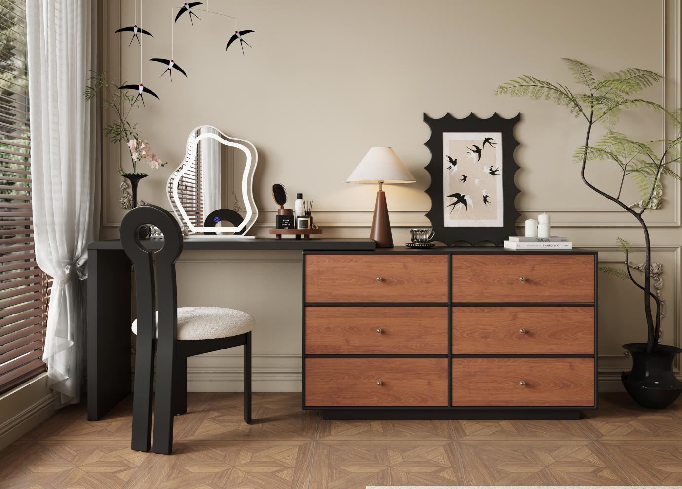 A dressing table bedroom with a simple and modern mid-century style, a dressing table and a chest of drawers integrated into one, solid wood makeup table and storage cabinet.
