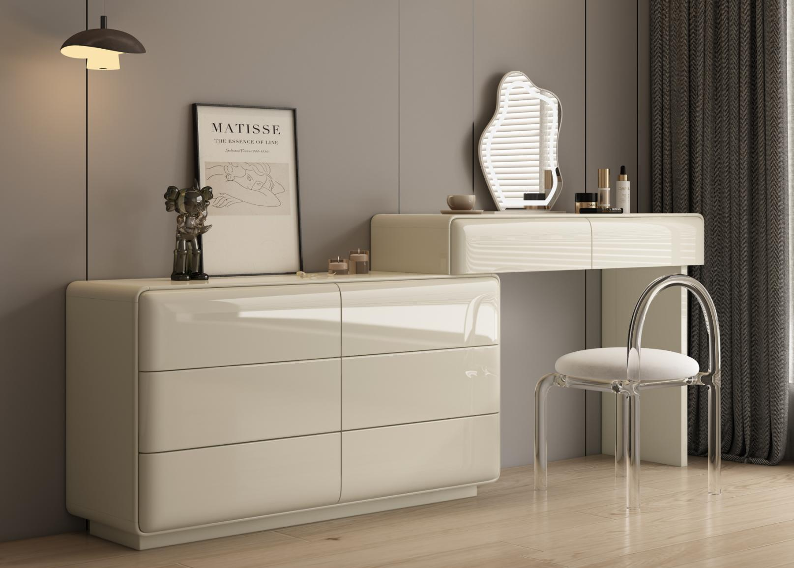 A dressing table with lacquered finish, Italian minimalist cream style, bedroom light luxury makeup table, storage cabinet and chest of drawers integrated together.