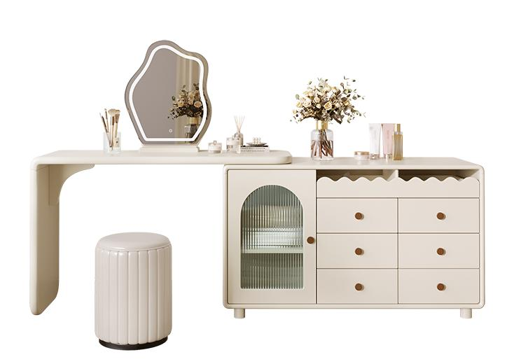The new cream-style integrated makeup storage dressing table with three-color changing lights and makeup mirror is a multifunctional dressing table.