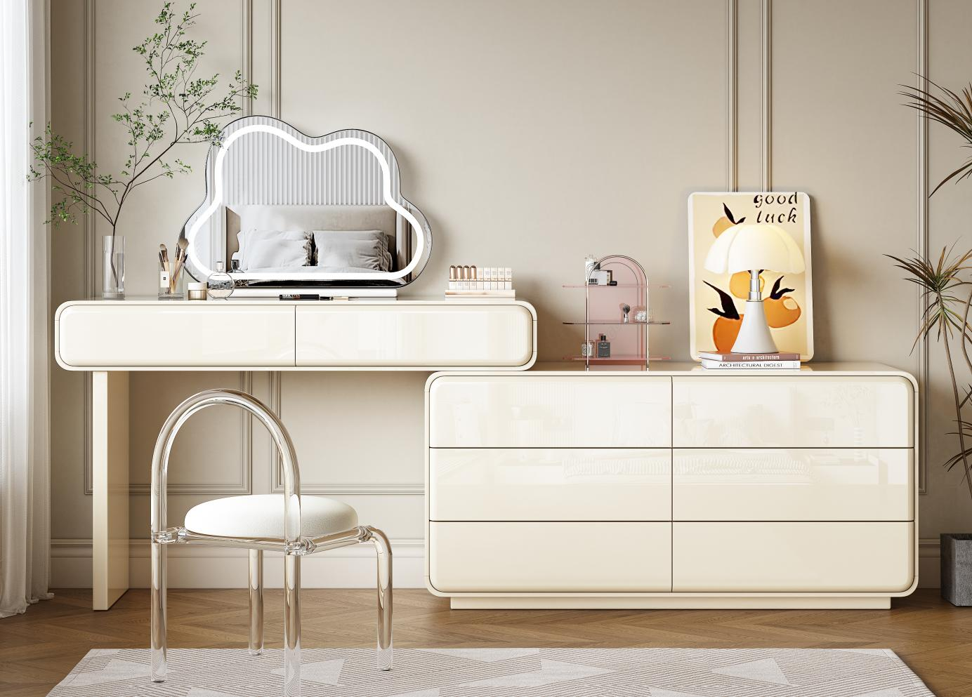 New Creamy Style Luxury White Glossy Painted Bedroom Inspired Makeup Counterboard Trendy Makeup Desk Miniature Small-Living Space Makeup Table
