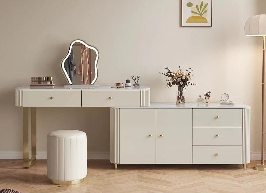 New Creamy Style Luxury White Glossy Painted Bedroom Inspired Makeup Counterboard Trendy Makeup Desk Miniature Small-Living Space Makeup Table