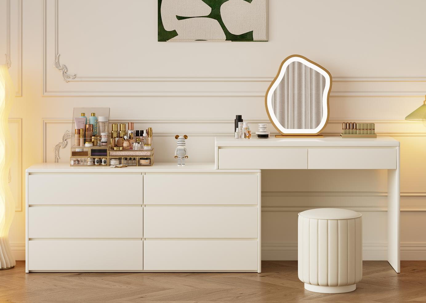 A cream-colored bedroom with a combined dressing table and chest of drawers, suitable for small-sized rooms, featuring a retractable makeup table.