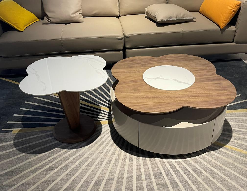 Unique-shaped coffee table in cream style for the living room, designed for home use, by a professional designer. It features a simple and modern design suitable for small-sized apartments, and is a trendy and creative piece resembling a flower petal.