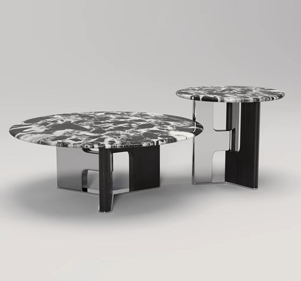 Zen minimalist Bulgari black marble coffee table set with round sofa side table and stainless steel coffee table.
