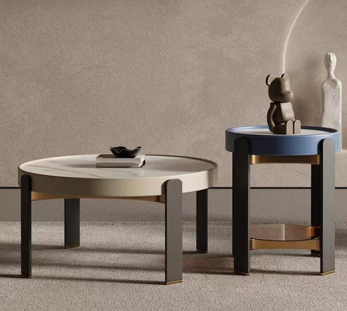Round stone slab coffee table for living room, home use, light luxury, modern and simple style, horse leather combination coffee table