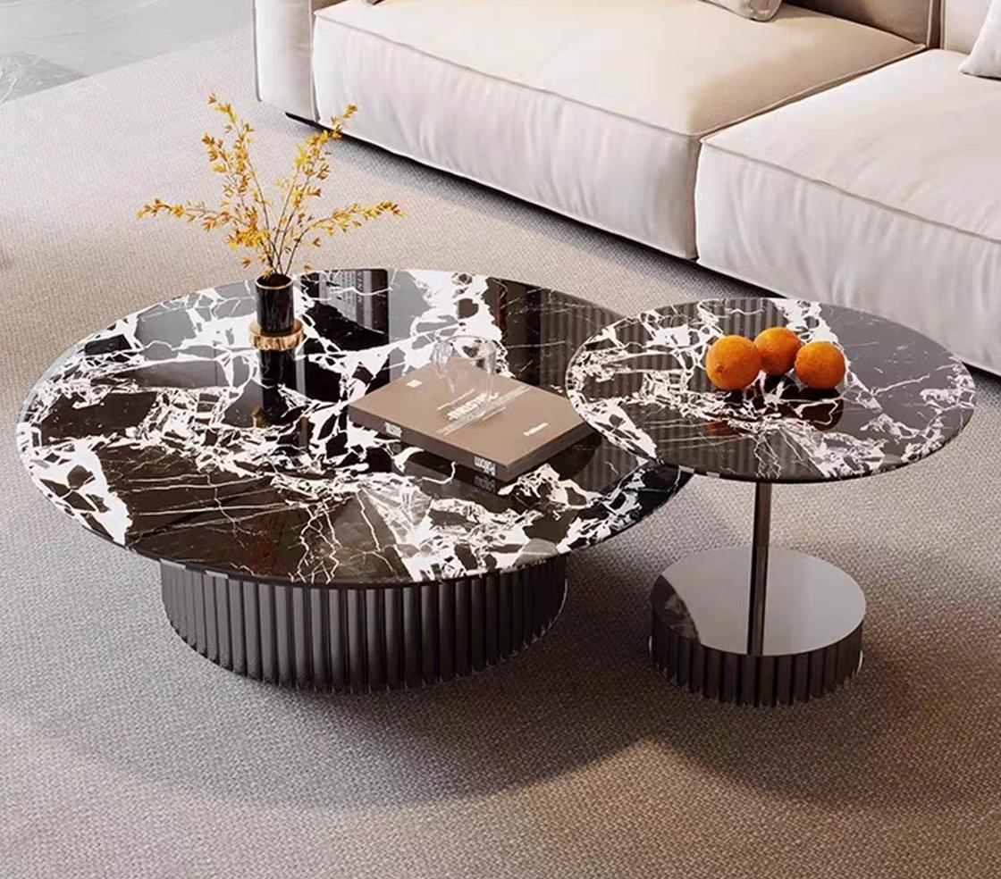 Minimalist size round water ripple stainless steel coffee table, small-sized marble round coffee table set with small corner coffee table, tea table set
