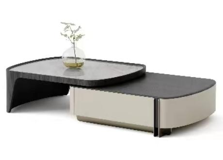 The combination of retractable coffee table and TV cabinet featuring modern minimalist and light luxury style, with multi-functional microcrystalline stone countertop, suitable for a small-sized living room.