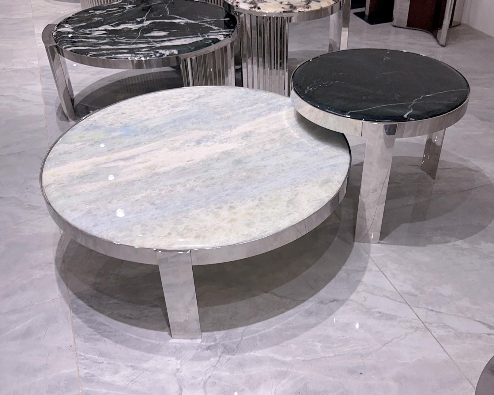 Creative, light luxury, high-end, simple and modern style, round Lamina stone slab stainless steel coffee table for living room, home use.