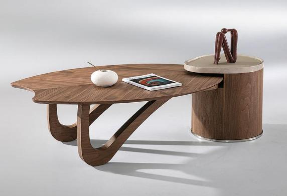 Designer-style unique-shaped black walnut wood veneer coffee table for small-living-space living room, modern and sophisticated style, Zen-like aesthetic, creative tea table for modern home.