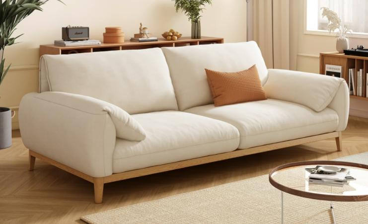 Japanese-style wooden style sofa with elephant ears cream color, suitable for living room, made of cherry wood, cloud-shaped design, small-sized, suitable for a three-person seating arrangement, washable.